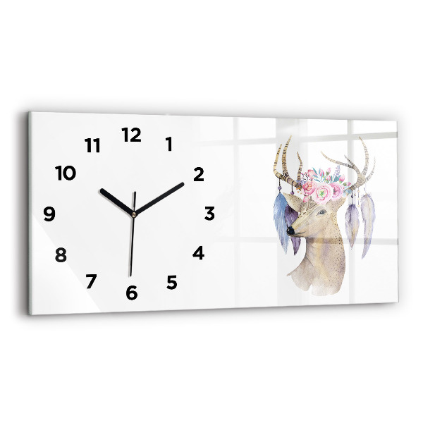 Horizontal wall clock Deer head and flowers