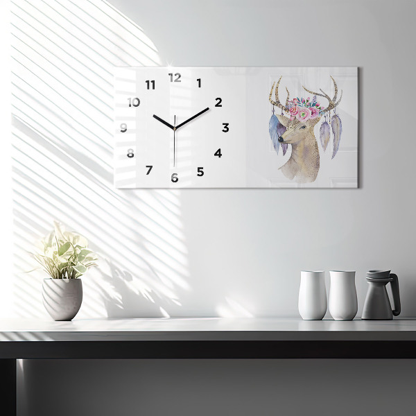 Horizontal wall clock Deer head and flowers