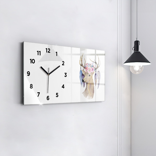 Horizontal wall clock Deer head and flowers