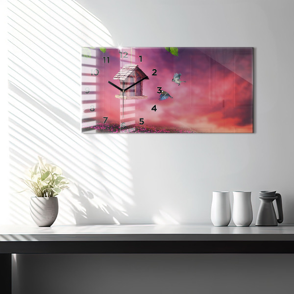 Horizontal wall clock A house for birds