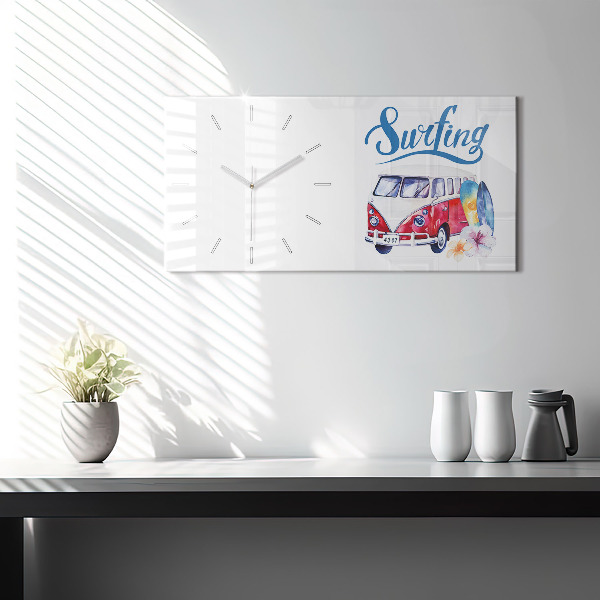 Horizontal wall clock Car and Surfing sign