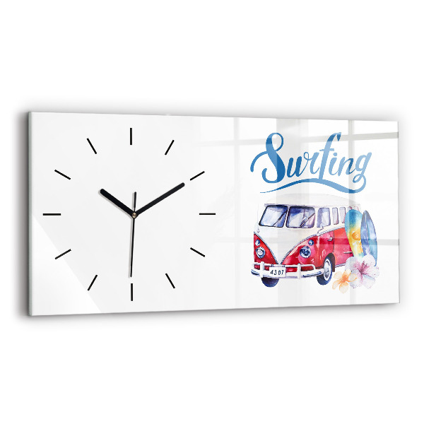 Horizontal wall clock Car and Surfing sign
