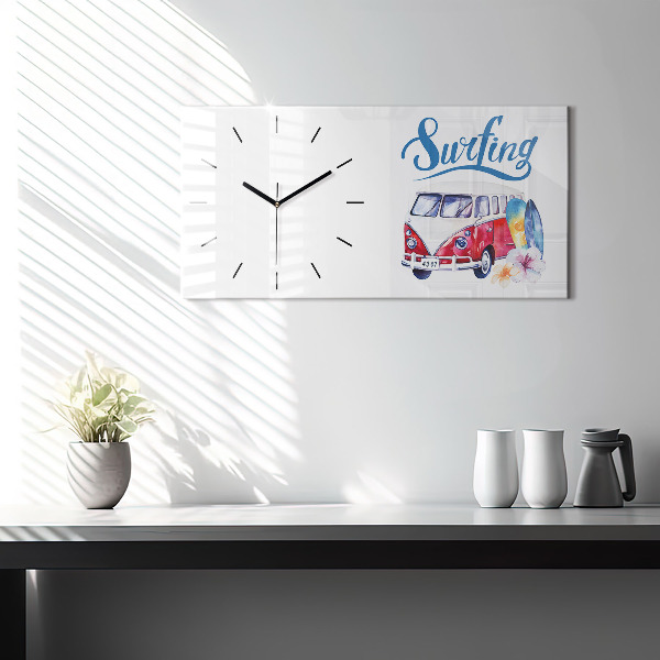 Horizontal wall clock Car and Surfing sign