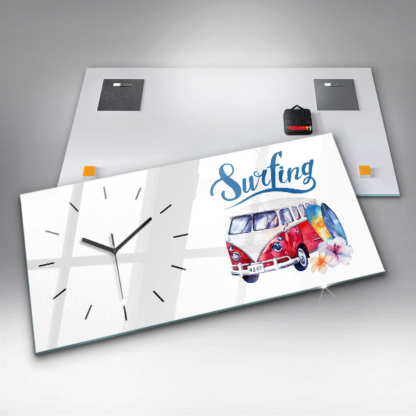 Horizontal wall clock Car and Surfing sign