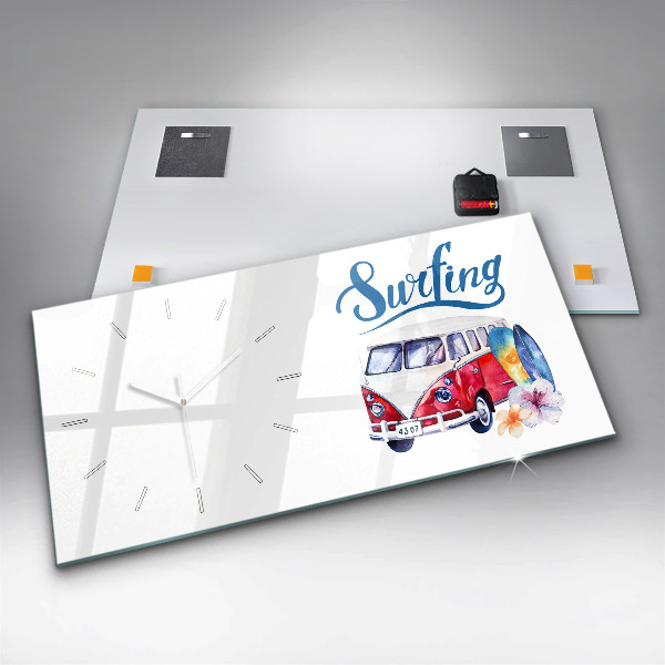 Horizontal wall clock Car and Surfing sign