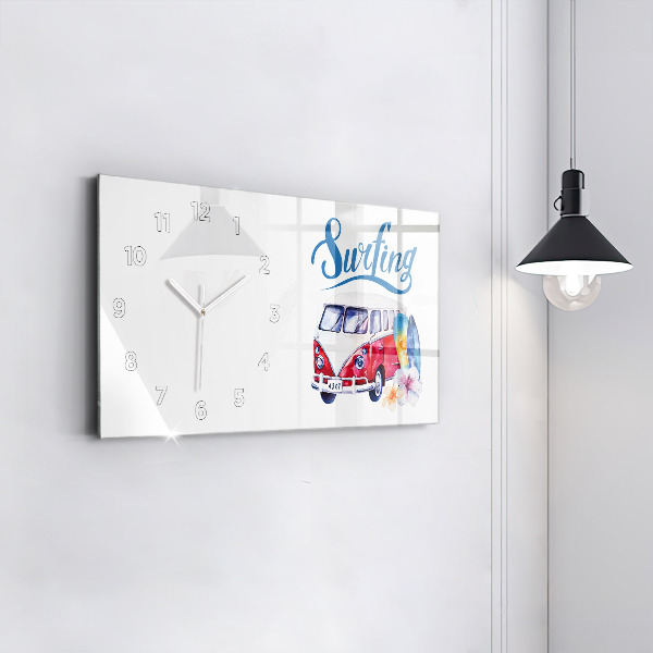 Horizontal wall clock Car and Surfing sign
