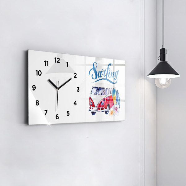 Horizontal wall clock Car and Surfing sign