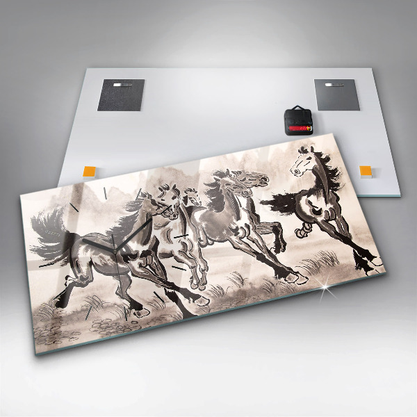 Horizontal wall clock Galloping horses
