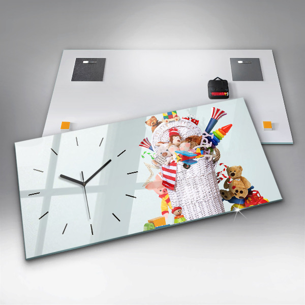 Horizontal wall clock Wicker basket with toys