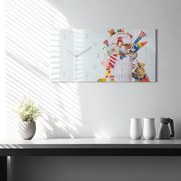 Horizontal wall clock Wicker basket with toys