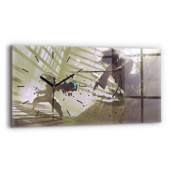 Horizontal wall clock Robot vs Samurai Fight