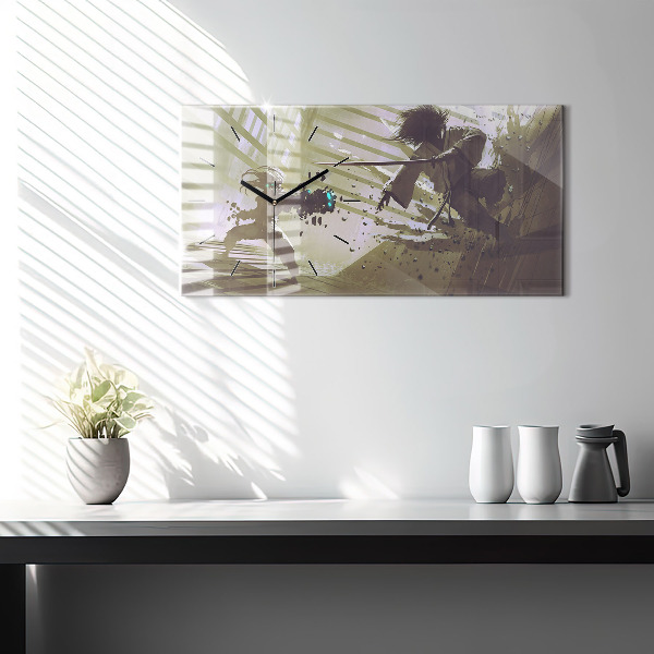 Horizontal wall clock Robot vs Samurai Fight