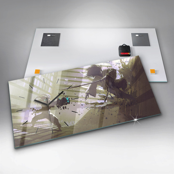 Horizontal wall clock Robot vs Samurai Fight