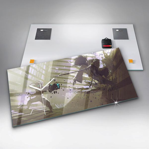 Horizontal wall clock Robot vs Samurai Fight