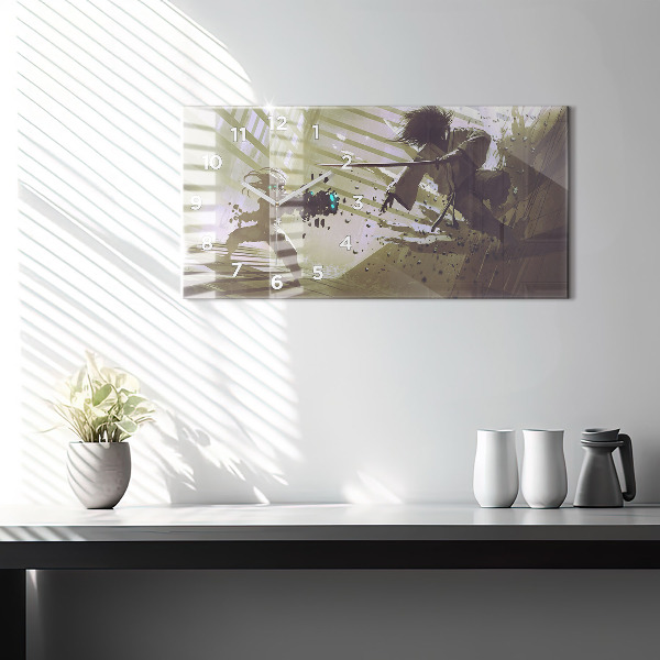 Horizontal wall clock Robot vs Samurai Fight