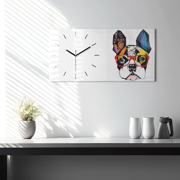 Horizontal wall clock French bulldog with glasses