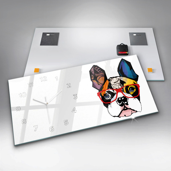 Horizontal wall clock French bulldog with glasses