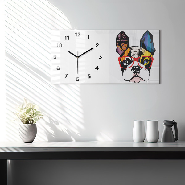 Horizontal wall clock French bulldog with glasses