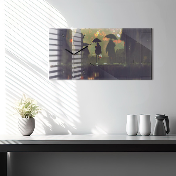 Horizontal wall clock People with umbrellas