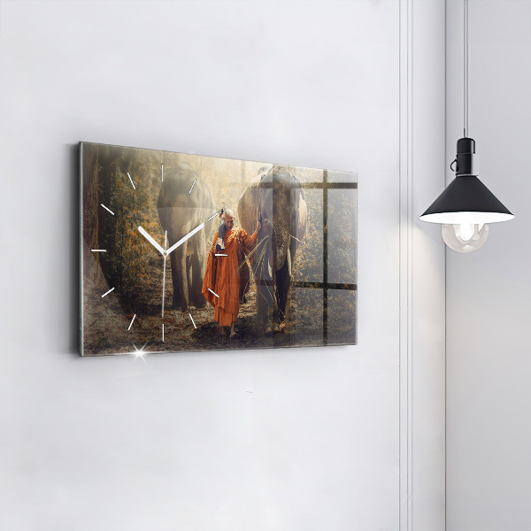 Horizontal wall clock Monk leading elephants