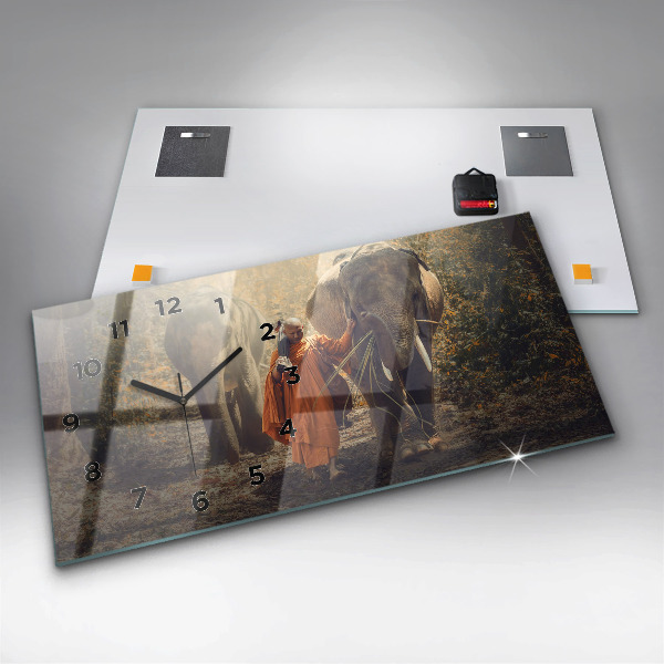 Horizontal wall clock Monk leading elephants