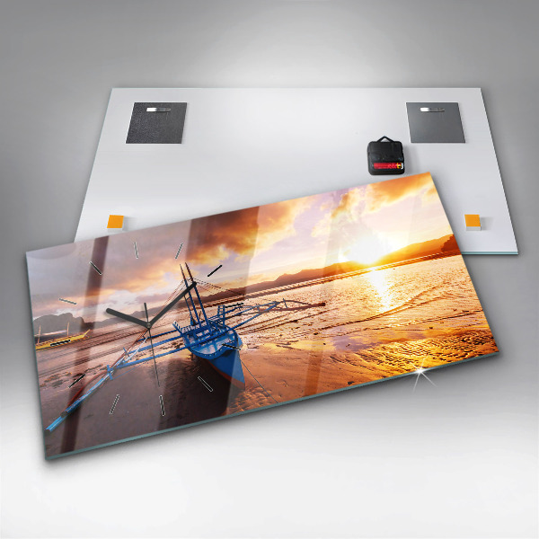 Horizontal wall clock Boat and sunset