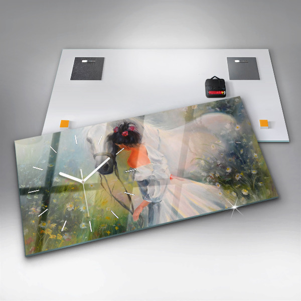 Horizontal wall clock Beautiful Woman With Horse