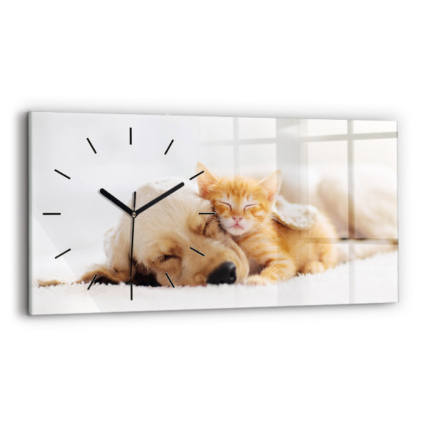 Horizontal wall clock Sleeping cat and dog