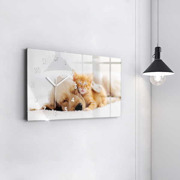 Horizontal wall clock Sleeping cat and dog