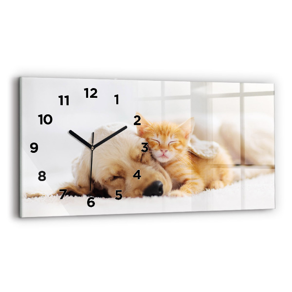 Horizontal wall clock Sleeping cat and dog