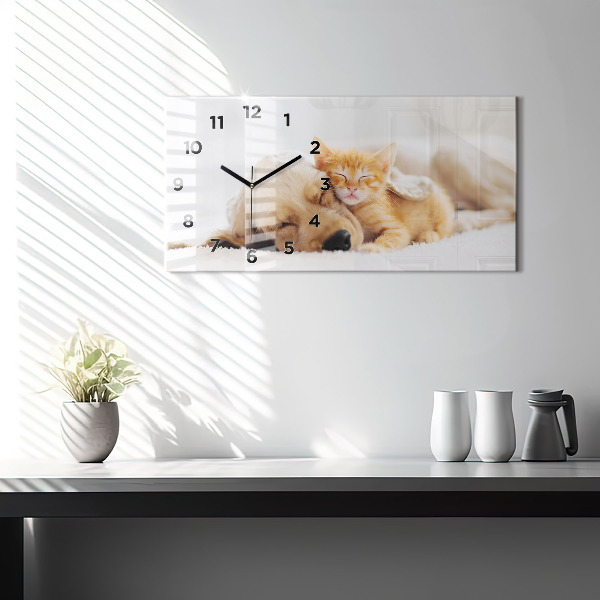 Horizontal wall clock Sleeping cat and dog