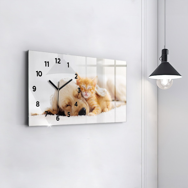 Horizontal wall clock Sleeping cat and dog