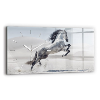 Horizontal wall clock Galloping white horse