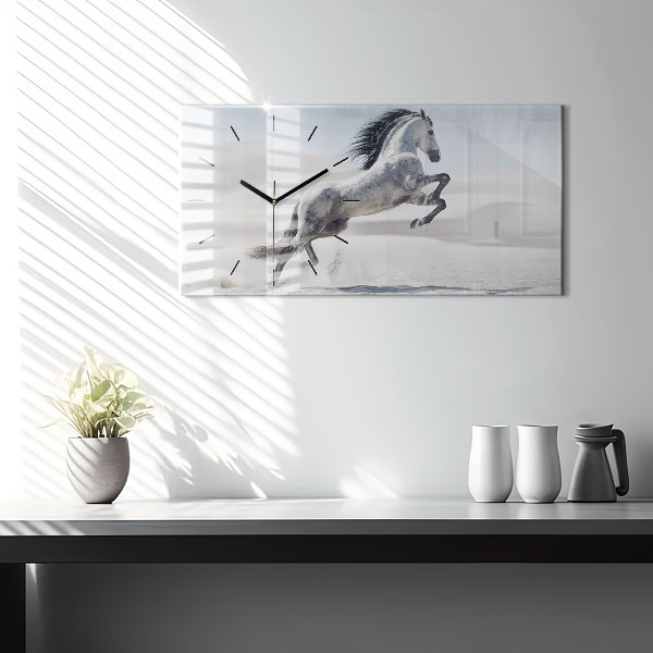 Horizontal wall clock Galloping white horse