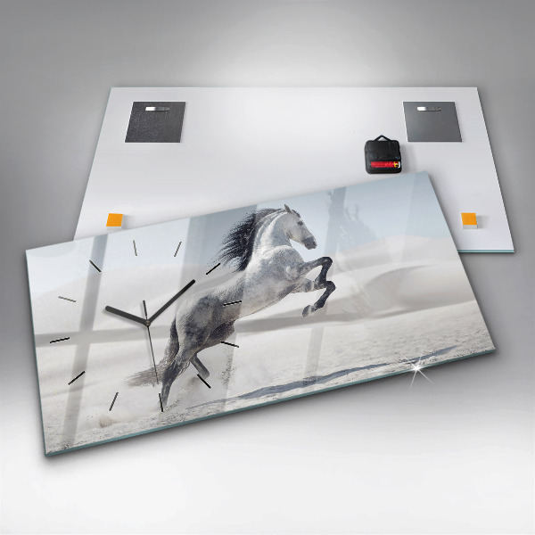 Horizontal wall clock Galloping white horse