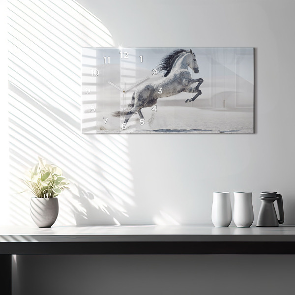 Horizontal wall clock Galloping white horse