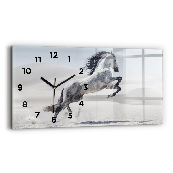 Horizontal wall clock Galloping white horse