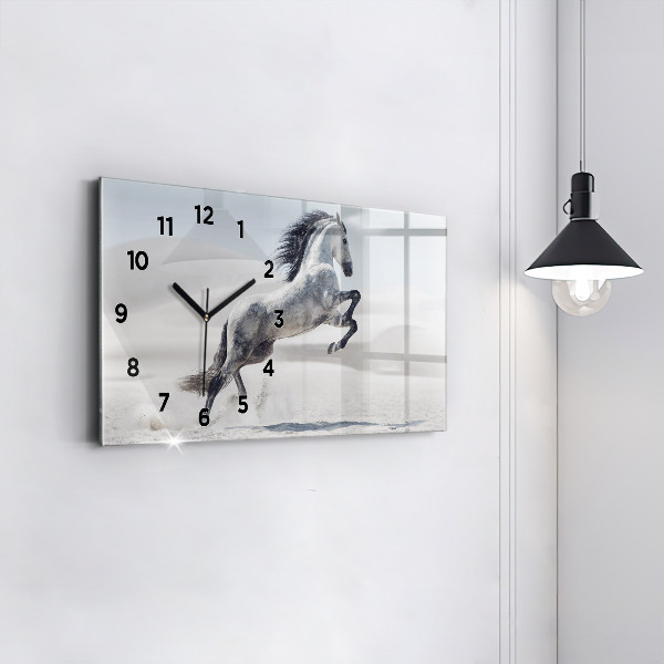 Horizontal wall clock Galloping white horse