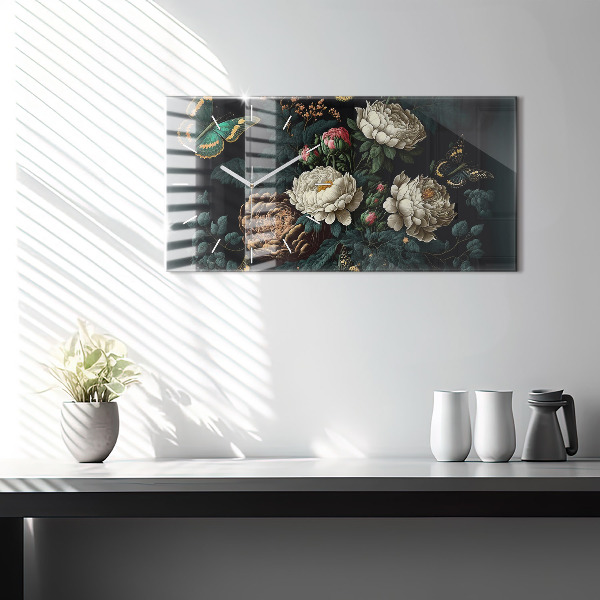 Horizontal wall clock Flower and golden butterflies