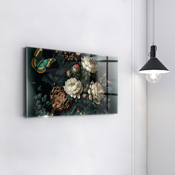 Horizontal wall clock Flower and golden butterflies