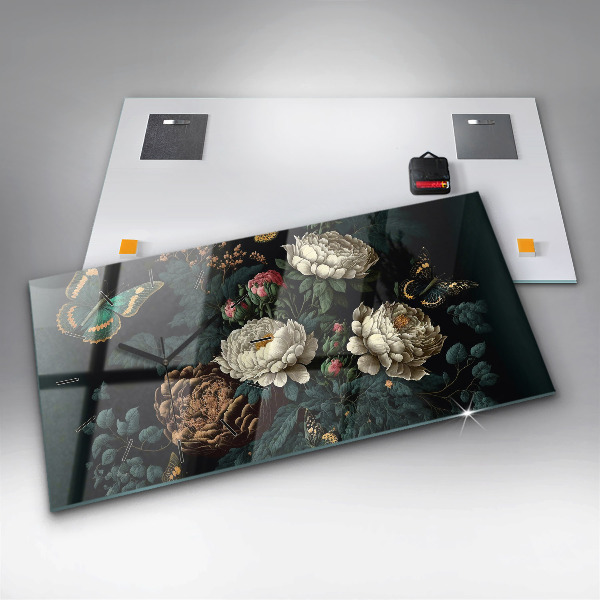 Horizontal wall clock Flower and golden butterflies