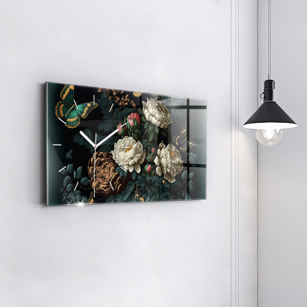Horizontal wall clock Flower and golden butterflies