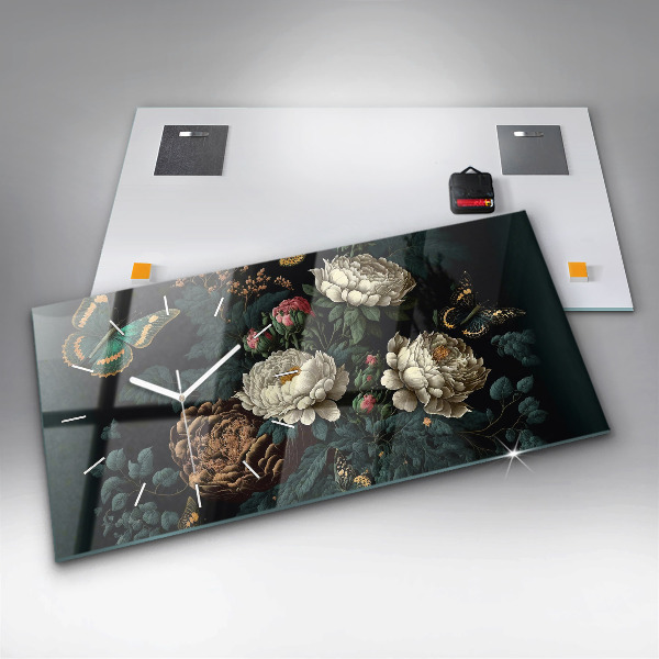 Horizontal wall clock Flower and golden butterflies