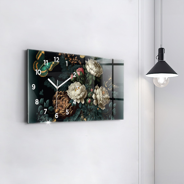 Horizontal wall clock Flower and golden butterflies