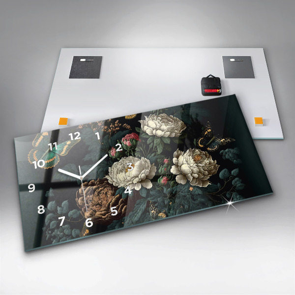 Horizontal wall clock Flower and golden butterflies