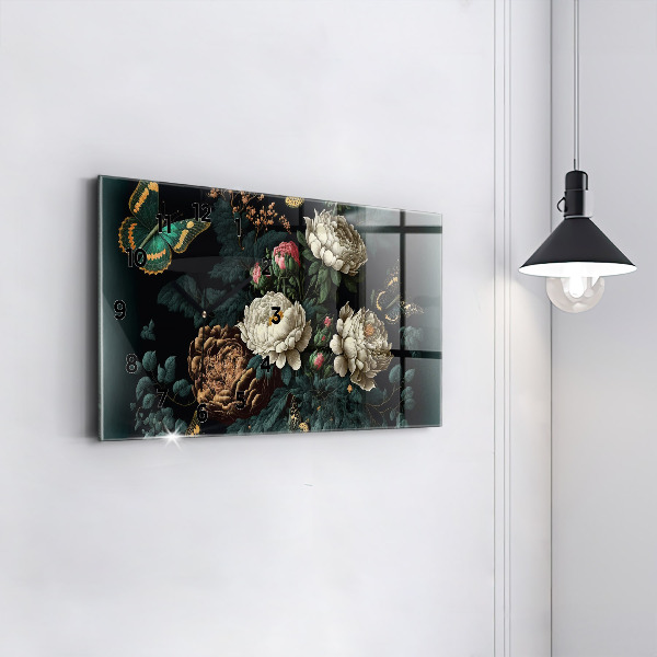 Horizontal wall clock Flower and golden butterflies