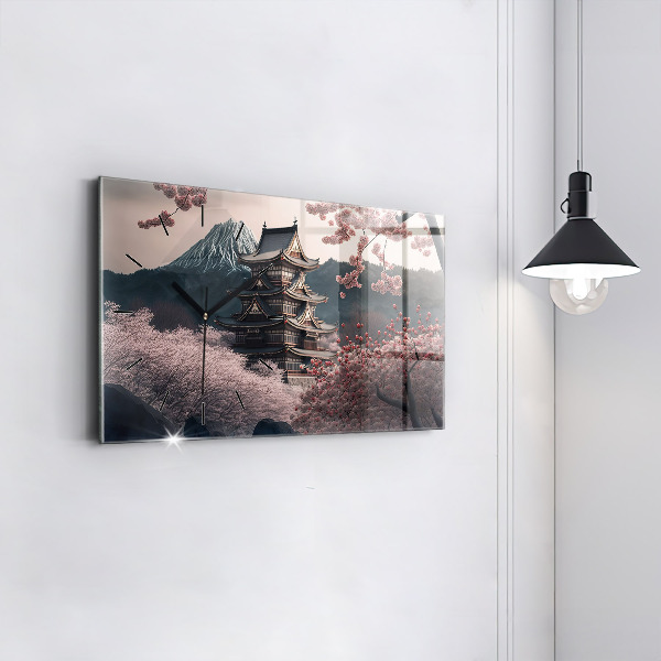 Horizontal wall clock Asian Tower Cherry Blossoms