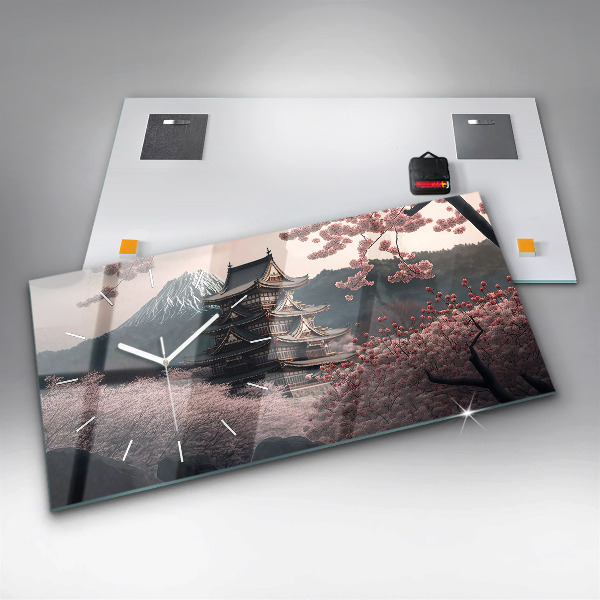 Horizontal wall clock Asian Tower Cherry Blossoms