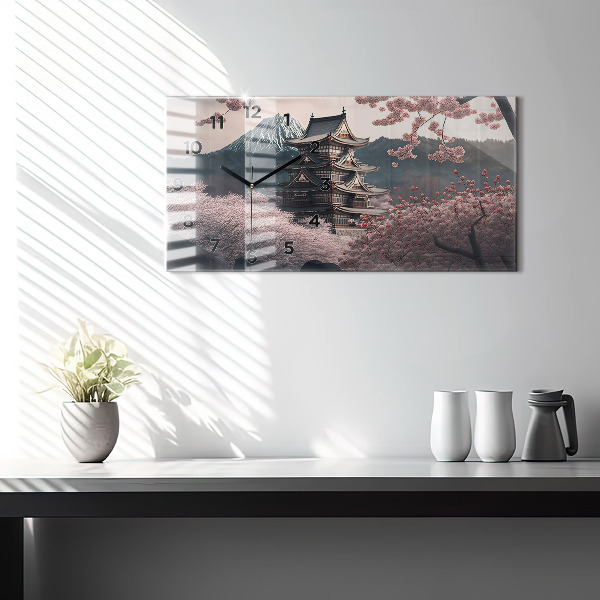 Horizontal wall clock Asian Tower Cherry Blossoms