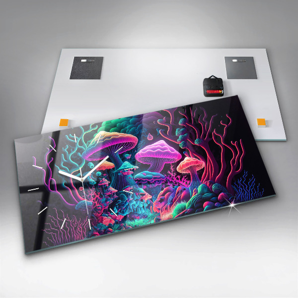 Horizontal wall clock Neon Mushrooms